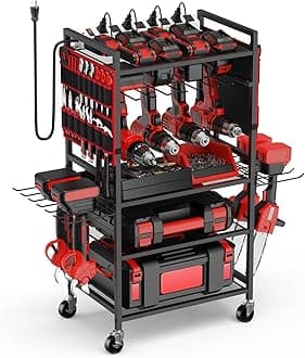 JUNNUJ Garage Large Power Tool Organizer Cart with 20A Charing Station, Heavy Duty Drill and Tools Battery Holder Storage Rack, Floor Standing Rolling Tool Cart on Wheels, Red