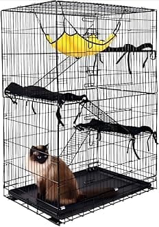 ELEVON 3-Tier Indoor Cat Cage, Large DIY Cat Crate & Cat Kennel with 3 Cat Beds and 2 Front Doors, Metal Fence with Ladder and Hammock, Suitable for Rabbits, Squirrels, Cats to Play and Rest