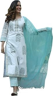 KLOSIA Women Pure Cotton Printed Straight Kurta with Pant & Dupatta Suit