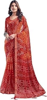 SAMAH Women's Bandhani Printed | Leheriya Printed Chiffon Saree with Unstitched Blouse Piece