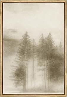 Framed Canvas Print Wall Art Foggy Pine Grove Tranquil Forest Landscape in Soft Misty Sepia Tones Illustrations Modern Art Decorative for Living Room, Bedroom, Office - 16"x24" Natural