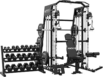Mikolo Smith Machine, 2200lbs Squat Rack with LAT-Pull Down System & Cable Crossover Machine, Training Equipment with Leg Hold-Down Attachment