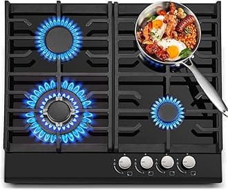 – TopStrong Gas Hob 4 burners, 60cm Black Glass Gas Hob, Built in Cooktop with Cast Iron Supports, NG/LPG Convertible, Flame Out Protection