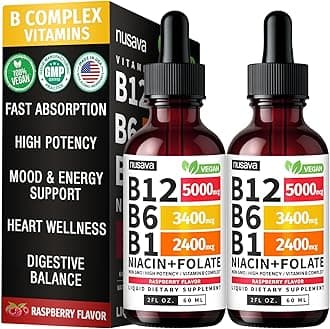 - (2 Pack) Vitamin B12 and B6 Liquid Drops, B12 Sublingual Vitamin B Complex - B 12 Vitamin 5000mcg - B12 Methylcobalamin for Energy, Brain, and Heart Support with 27,200 mcg, Raspberry, 80 Servings