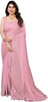 RAJESHWAR FASHION WITH RFWomen's Foil Print Work Georgette Sarees For Ladies & College Girls Farewell With Tassels On Pallu & Blouse