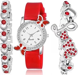 White Dial Diamond Red Analog Watch 2 Diamond Bracelet for Girls Best Design Butterfly Combo 3 Pack of 3