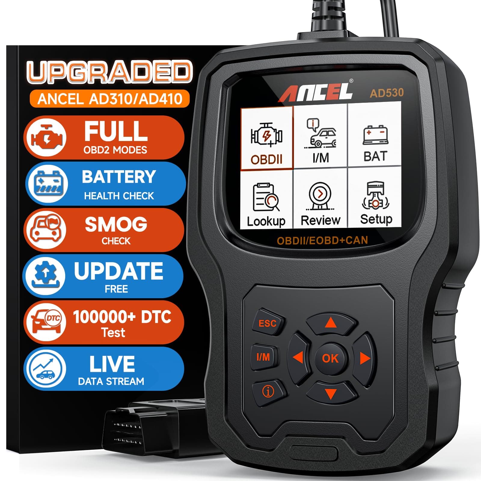 AD530 OBD2 Scanner-Upgraded AD310, Car Code Reader for Check Engine Light, Full OBDII Scan Tool for Read & Clear Fault Codes, Battery Test & Live Data, OBD II Diagnostic Scanner for 1996+ Cars