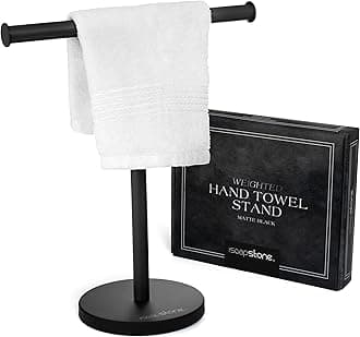 iSoapStone Luxury Hand Towel Holder Stand with Heavy Weighted Base, Matte Black Towel Rack, T-Shape, Freestanding Towel Stand for Bathroom Vanity or Kitchen Countertop, Waterproof Counter Organizer
