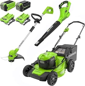 - Greenworks 40V 20" Cordless Lawn Mower (Push), Axial Leaf Blower (500 CFM / 120 MPH),12" String Trimmer with 2 Batteries(5Ah+2Ah) and Chargers