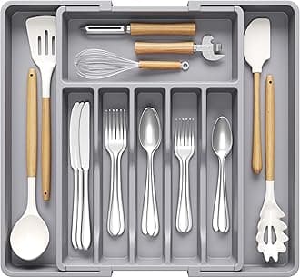 Lifewit Extendable Cutlery Drawer Organiser, Adjustable Cutlery Tray, Plastic Adjustable Kitchen Storage Dividers for Utensil Spoons Forks Knives, 8 Compartments, 33-57 x 42cm, Grey