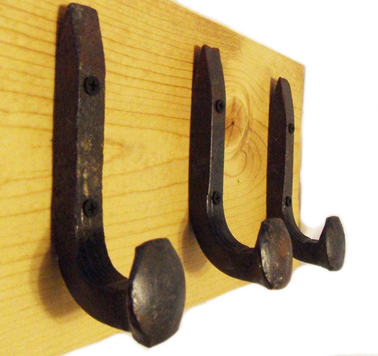 Heavy Duty Coat Hat Robe Tool Towel Hook Rail Rack Wall Mount Storage Display Rustic Holder Architectural Reclaimed Organizer Kitchen Bathroom Foyer Bedroom Closet Garden Garage Accessory Wooden Antique Vintage Metal (Golden Oak and Antique Iron, 12" Rack Rail with 3 Railroad Spike Hooks)