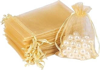 HRX Package 100pcs Gold Organza Gift Bags, 4 x 6 inch Candy Mesh Drawstring Favor Bags Jewelry Pouches for Christmas Wedding Party