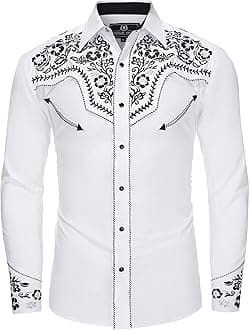 SALVAJE OESTE Western Embroidered Cowboy Shirts for Men, Casual Button Down Long Sleeve Shirt Floral Design Retro Shirt