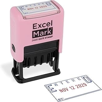ExcelMark 2445 Date Stamp with Text - Blue and Red Ink (Pink Mount, Entered)