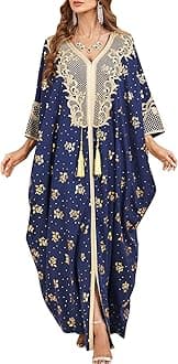 OBEEII Muslim Dress for Women Loose Batwing Sleeved Hooded Beaded Embroidery Long Abaya Dress Kaftan Abayas Islamic Robe