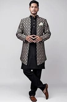 Men's Woven Printed Cotton Jacuqard Kurta Pajama Jacket with Long Sleeve Hip Length and Pull On Closure Type Jacket