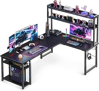 ODK 66" L Shaped Gaming Desk with Hutch & Headphone Hook, Corner Computer Table with Storage Shelves for Home Office, Dark Black