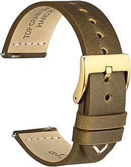 WOCCI 20mm Old-fashioned Watch Band for Men, Top Grain Leather, Golden Polished Buckle (Dark Tan)