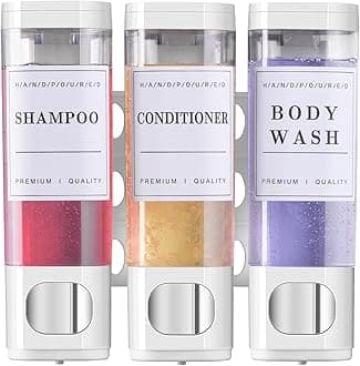 Shower Soap Dispenser Wall Mounted No Drill Shampoo Dispenser for Shower Wall Shampoo and Conditioner Dispenser Bathroom Hotel 3 * 300ml White with Labels