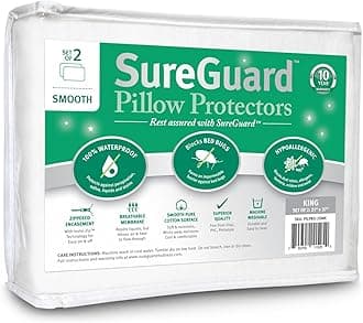 SureGuard Pillow Protectors King Size Set of 2, 100% Waterproof, Bed Bug Proof, Hypoallergenic, Cotton Zippered Covers, Soft