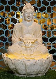 Sepborn Buddha Fountain Outdoor, Creamy Yellow, 66x66x91 cm, 8 kg, Zen Garden Statue with Flowing Water Feature