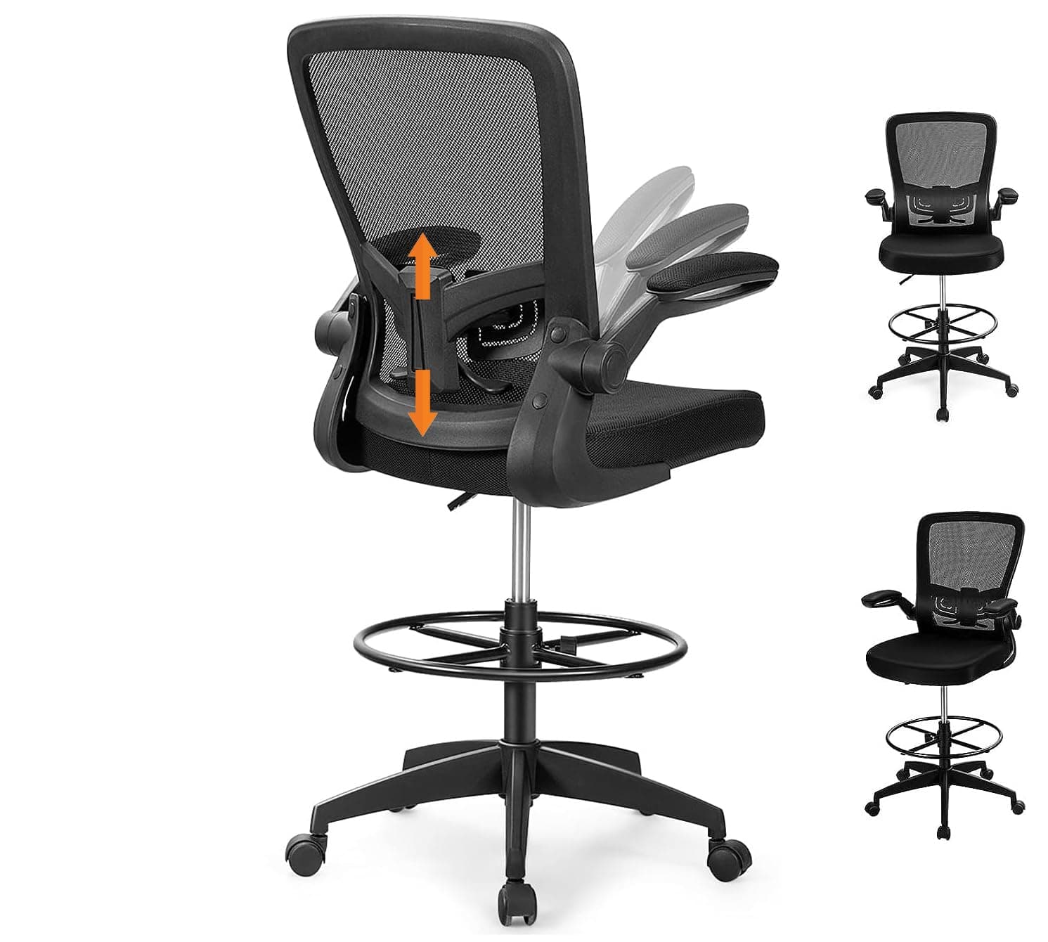Drafting Chair High Back Office Chairs with Footrest Ring Flip-Up Armrest Height Adjustable Executive Desk Chair Ergonomic Mesh Computer Task Chair Lumbar Support Tall Office Chair (1, Black)