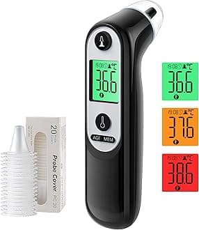 Ear Thermometer for Baby Adults, Ear Fever Thermometer with Age Precision and Colour-Coded Temperature Display, Digital Infrared Thermometer with 21 x Disposable Protective Caps (Black)