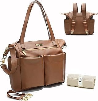 Leather Diaper Bag Backpack By Miss Fong, Baby Bag, Diaper Bag Tote With Changing Pad, In Bag Organizer, Stroller Straps, Insulated Pockets and Shoulder Strap(Brown)