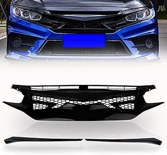 PartsFlow 3PCS Front Bumper Grille Battle Style Grill Honeycomb Mesh With Trim For 2016 2017 2018 2019 2020 2021 Honda Civic Si Hatchback Type