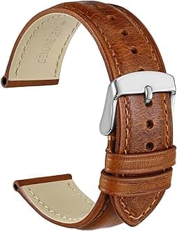 WOCCI 20mm Vintage Leather Watch Band for Men and Women, Silver Buckle (Gold Brown)