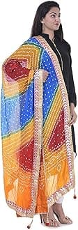 kalpit creations Women's Jaipuri Art Silk Bandhej Rajasthani Bandhani Dupatta with Gota Patti Lace