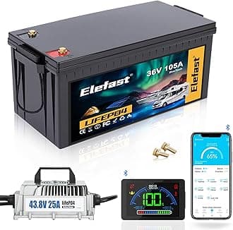 105A 36V Lithium Golf Cart Battery Kit with 43.8V 25A Fast Charger,Built-in Bluetooth and 200A BMS,Peak Current 600A,Up to 6000 Deep Cycle Battery,Perfect for Golf Carts,Trolling Motor,Lawnmower