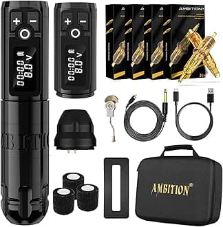 Ambition Soldier Wireless Tattoo Machine Kit Complete Rotary Coreless Motor Tattoo Pen Kit with Extra 2400mAh Battery 80pcs Glory Mixed Size Cartridge Needles Supply for Tattoo Artist (Polish Black)