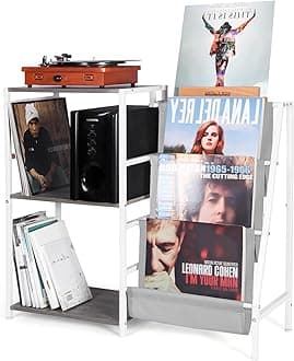 Record Player Stand, 3-Tier Vinyl Record Storage, Turntable Stand with Now Playing Holder, Vinyl Display for Living Room, Grey & White