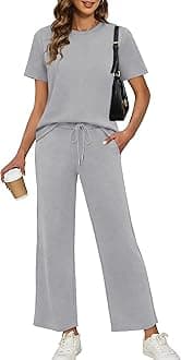 XIEERDUO Loungewear Sets for Women Summer Outfits 2 Pc Lounge Set Spring Tracksuit Wide Leg Loungewear Short Sleeve Sweatsuit Women's Track Suits Grey L