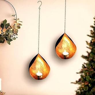 TIED RIBBONS 2 Set Wall Hanging Tea Light Candle Holders | Iron, Golden | 18 Inch | Votive Sconce Candle Holder for Home, Living Room, Home Decorations | Tealight Holder for Wall Hanging