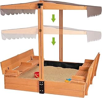 GUTINNEEN Kids Wooden Outdoor Sandbox w/ Canopy, 2 Foldable Bench Seats, Retractable Roof Sand Protection Liner 47x47-Inch