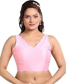 Madhu Fashion Women's Sleeveless Solid Pattern V Neck Readymade Saree Blouse