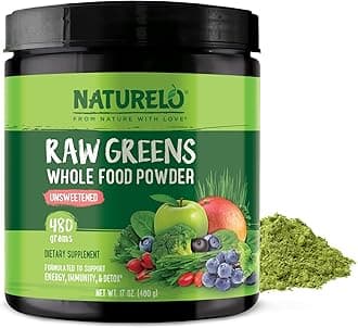 NATURELO Raw Greens Superfood Powder - Unsweetened - Boost Energy, Detox, Enhance Health - Organic Spirulina - Wheat Grass - Whole Food Nutrition from Fruits & Vegetables - 480 Grams