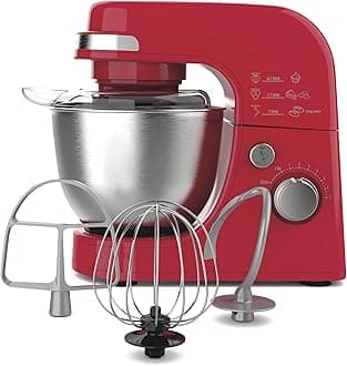 Hamilton Beach Electric Stand Mixer, 4 Quarts, Dough Hook, Flat Beater Attachments, Splash Guard 7 Speeds with Whisk, Red