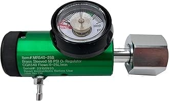 25LPM Oxygen Regulator CGA-540, Adjustable Flow 0-25 LPM - ASTM G175-03 - Aluminum/Brass, Max Inlet: 3000 PSI, Outlet: 50 PSI - Compact 1.38 inches X 6.29 inches