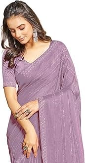Satrani Women's Chiffon Dyed & Hot Fixing & Zari Saree with Unstitched Blouse Piece