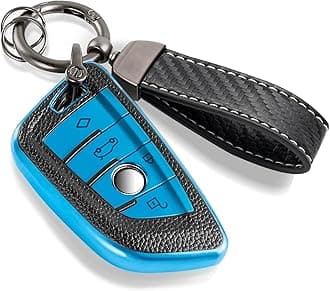 for BMW Key Fob Cover with Carbon Fiber Style Belt Keychain, Upgraded Blade Shape Soft TPU Surface Grain Key Case for New BMW Key Fob Shell (Red, B)