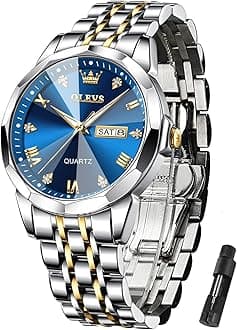 Mens Watch Stainless Steel Analog Quartz Watches for Men Day Date Easy Read Diamond Waterproof Dress Luxury Classic Casual Big Face Blue/Black/Gold/Silver Roman Arabic Numerals Men's Wrist Watch