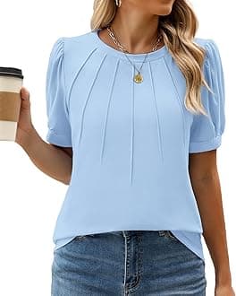 WEACZZY Womens Puff Short Sleeve Tops Dressy Casual Crew Neck Pleated T Shirts Cute Blouse Tunic Top Fashion Clothes 2024