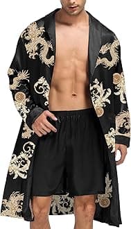 Men's Satin Robe with Shorts Set Silky Kimono Bathrobe Lightweight Soft Sleepwear