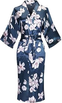 DandyChic Women's Long Floral Satin Robes Imitation Silk Sleepwear Bridal Dressing Gown for Bridesmaid Nightgown