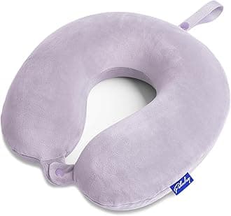 Travel Pillow Memory Foam for Airplanes - Neck Pillow for Traveling, Car, Home, Flight Pillow for Sleeping with Attachable Snap Strap Soft Washable Cover, Provide Head Neck Support Rest, Gray Purple