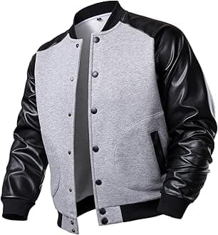 FANARCHER Men's Varsity Baseball Jacket Cotton Blend Letterman Jacket with Faux Leather Sleeve Bomber Coat