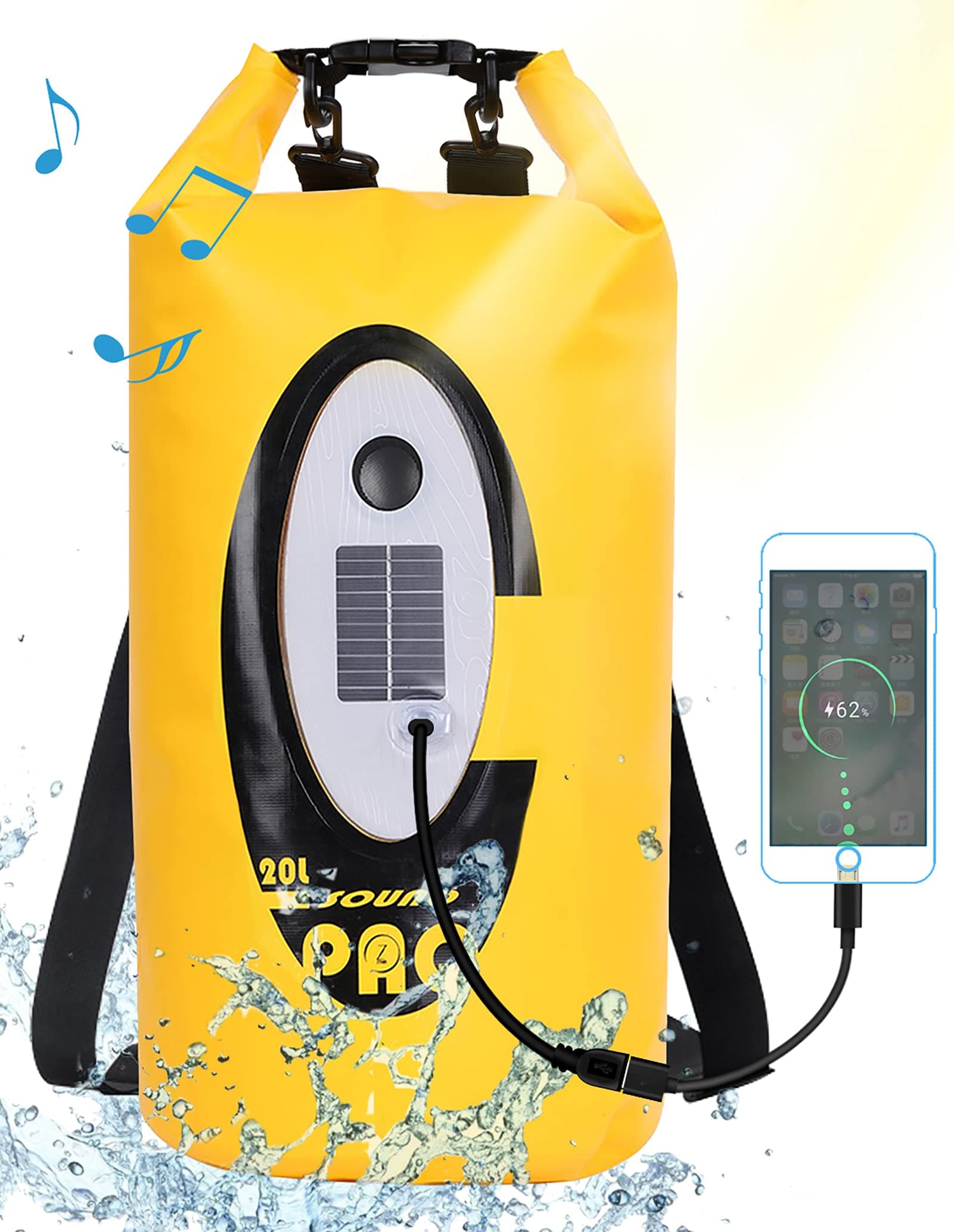 Dry Bag Waterproof with Solar Bluetooth Speaker & Light - 20L Roll Top Dry Sack Keeps Gear Dry for Men Women Kayaking, Beach, Rafting, Boating, Hiking, Camping and Fishing (Yellow-BL)